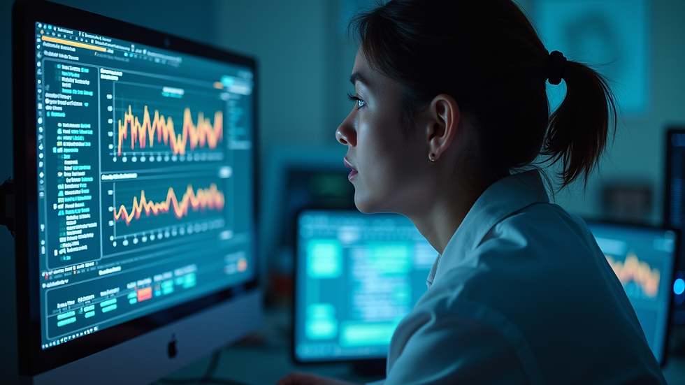 High angle view of a researcher analyzing quantum data on a computer screen