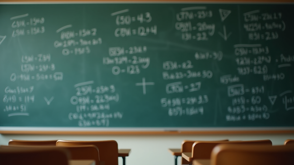 Eye-level view of a classroom blackboard filled with math problems