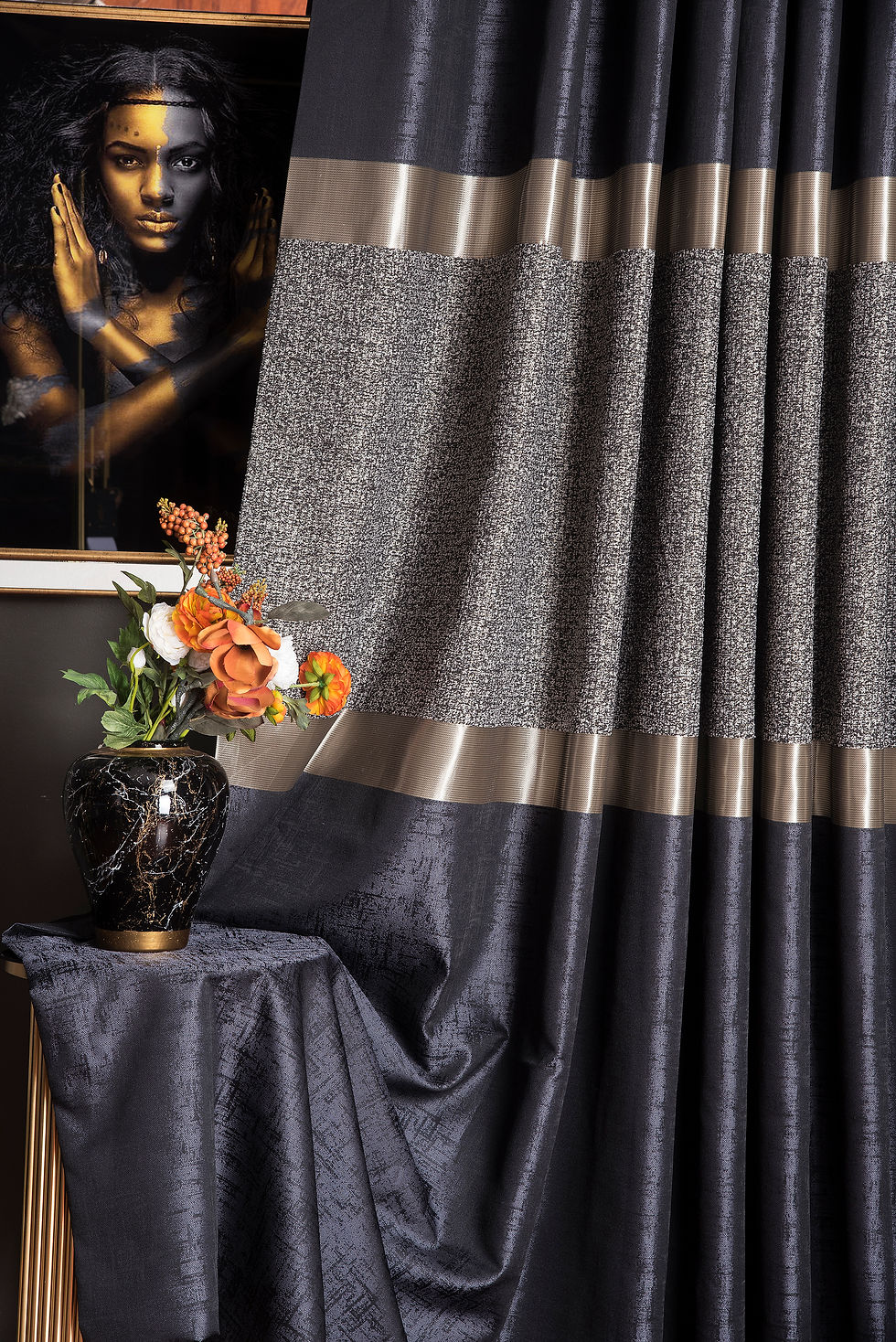Thumbnail: MODERN BLACK DARK GRAY GOLD STRIPED CURTAINS FOR HOME