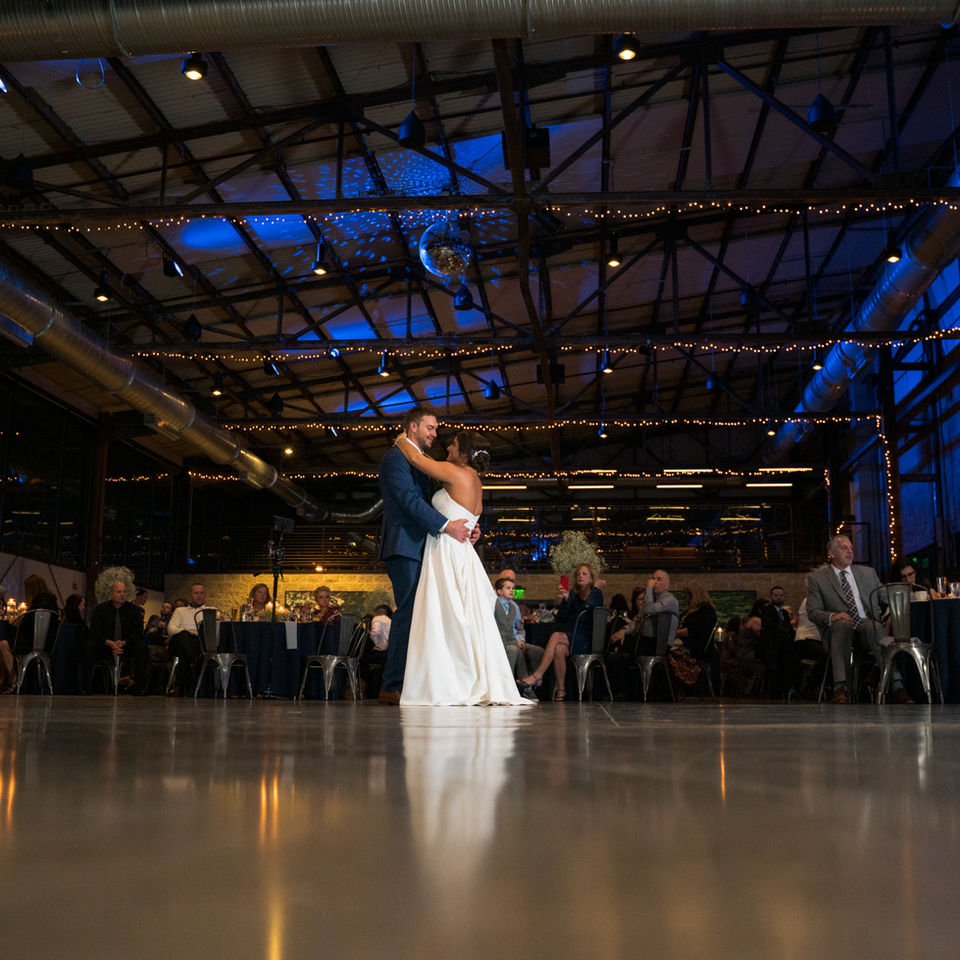 Wedding reception photo taken during the first dance at The Woolery Mill in Bloomington, Indiana.