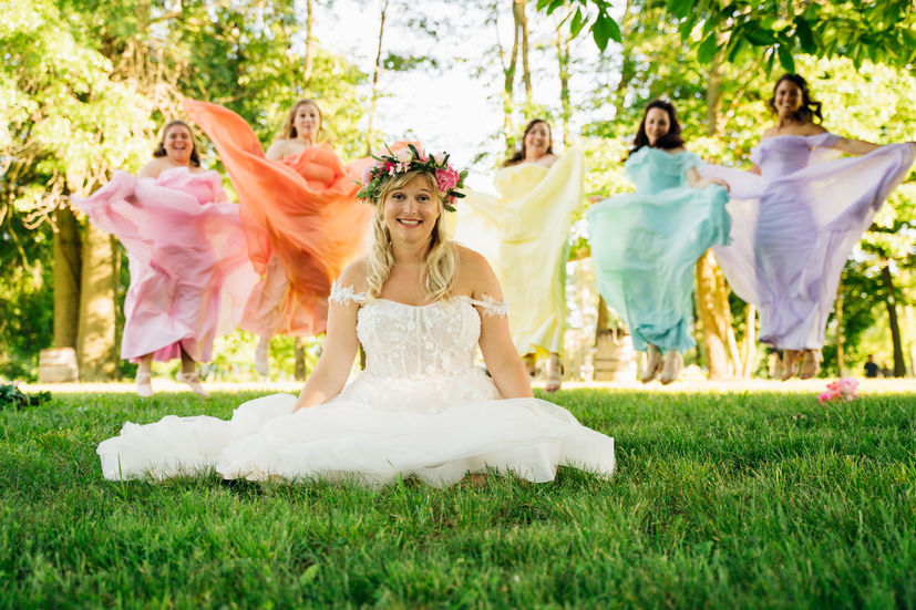 Bridal portraits with bridesmaids at a wedding at Abram Farms, in Indiana.