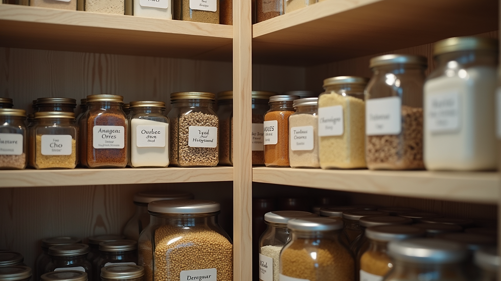 Close-up view of a neatly arranged kitchen pantry with labeled containers