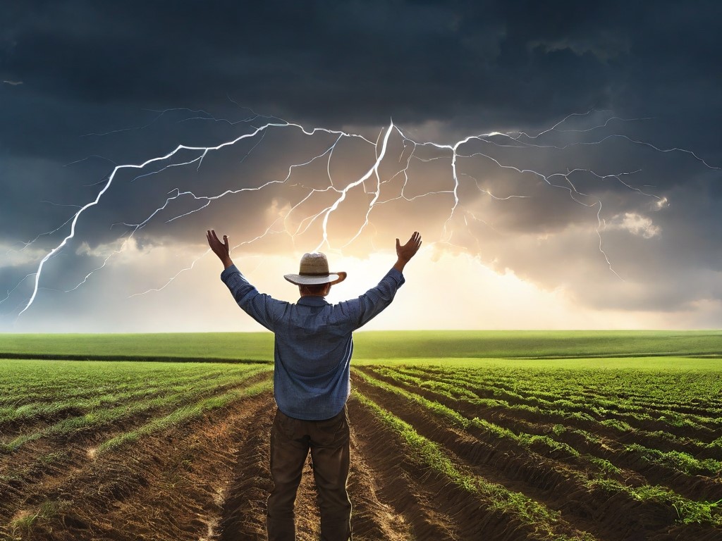 A split image with a worried farmer facing a dry, cracked field on one side, and a happy farmer celebrating a bountiful harvest on the other side. A digital weather forecast map with AI symbols hovers above the scene.