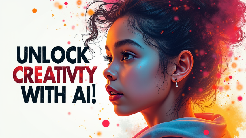 A captivating poster featuring a beautiful girl with vibrant colors and abstract elements, promoting the blog on AI's impact on creativity.