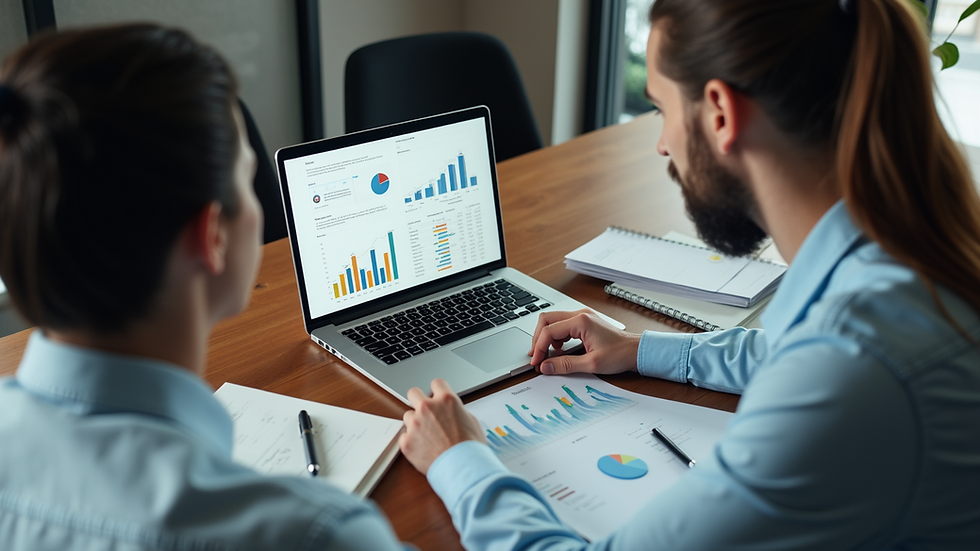 High angle view of a team collaborating around a laptop with data charts