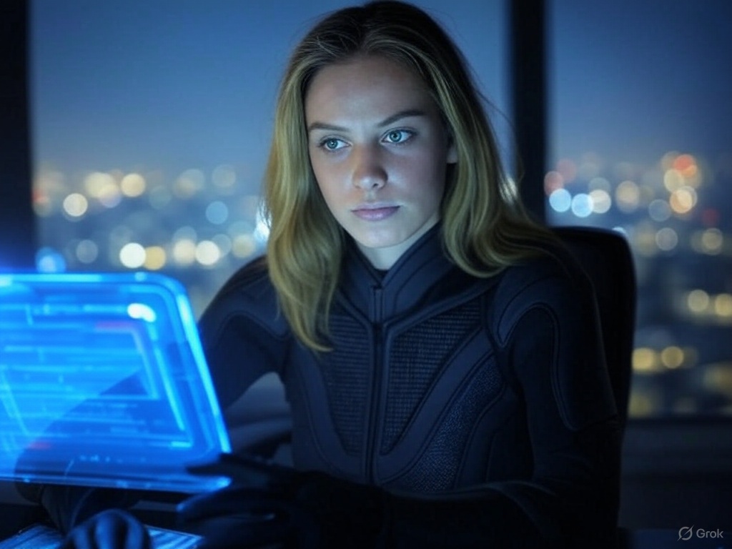 Caucasian female data engineer interacting with holographic AI engine interface, showcasing 3200x faster data retrieval in 2025.