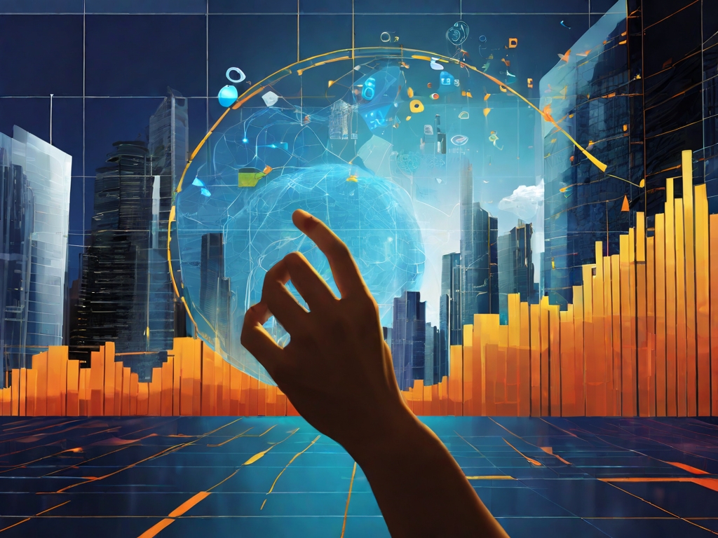 financial data charts with a human hand reaching out to touch it. A thought bubble emerges from the computer screen depicting a city skyline with storm clouds gathering in the distance.