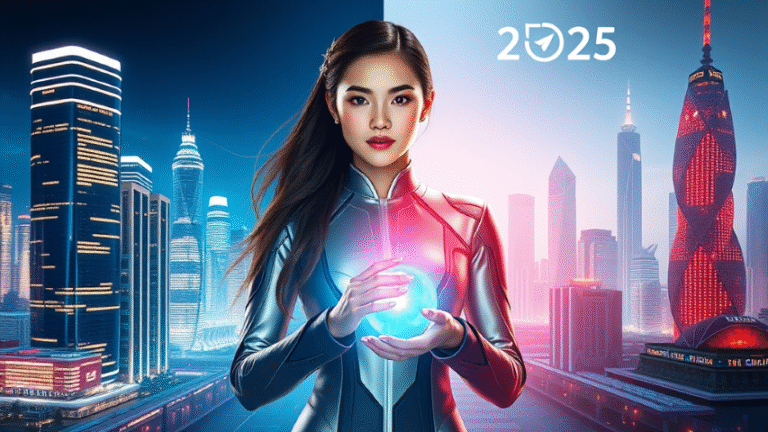 Young woman in futuristic outfit symbolizing AI competition US China 2025