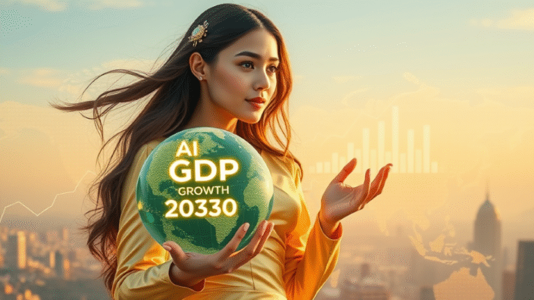 Young woman with holographic globe showing AI GDP growth 2030