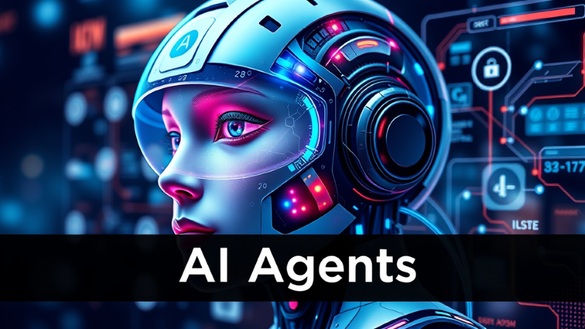 Futuristic AI agent interacting with holographic interfaces representing various industries