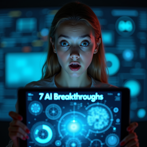 Woman amazed by cutting-edge AI model visualizations on tablet