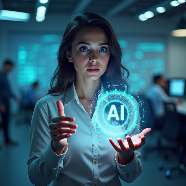 Businesswoman amazed by AI implementation strategies for business growth in India
