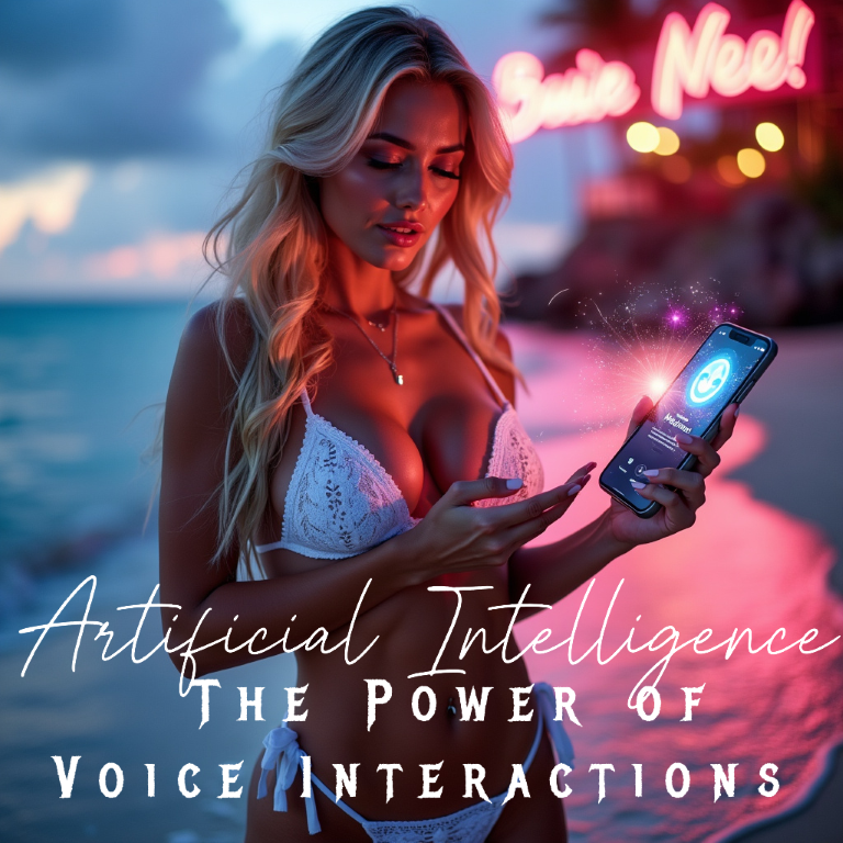A futuristic image of a woman using an AI voice assistant, with a cityscape and neon lights in the background.
