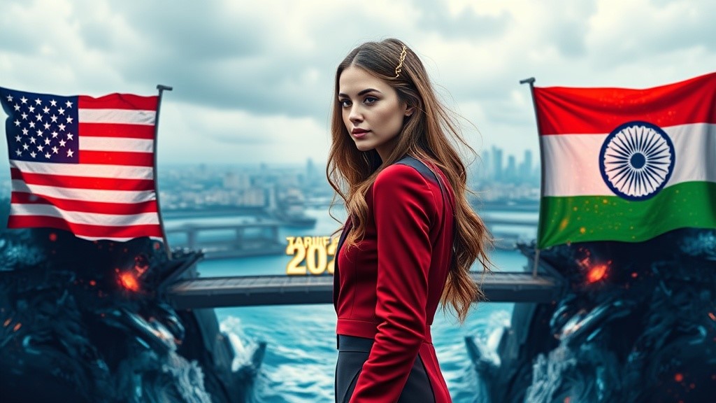 Young woman in digital landscape showing Trump India tariff war AI backfire 2025