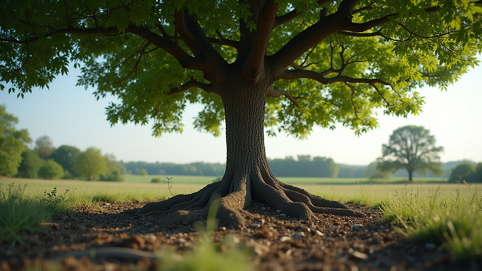 Eye-level view of a tree with strong roots and a sturdy trunk