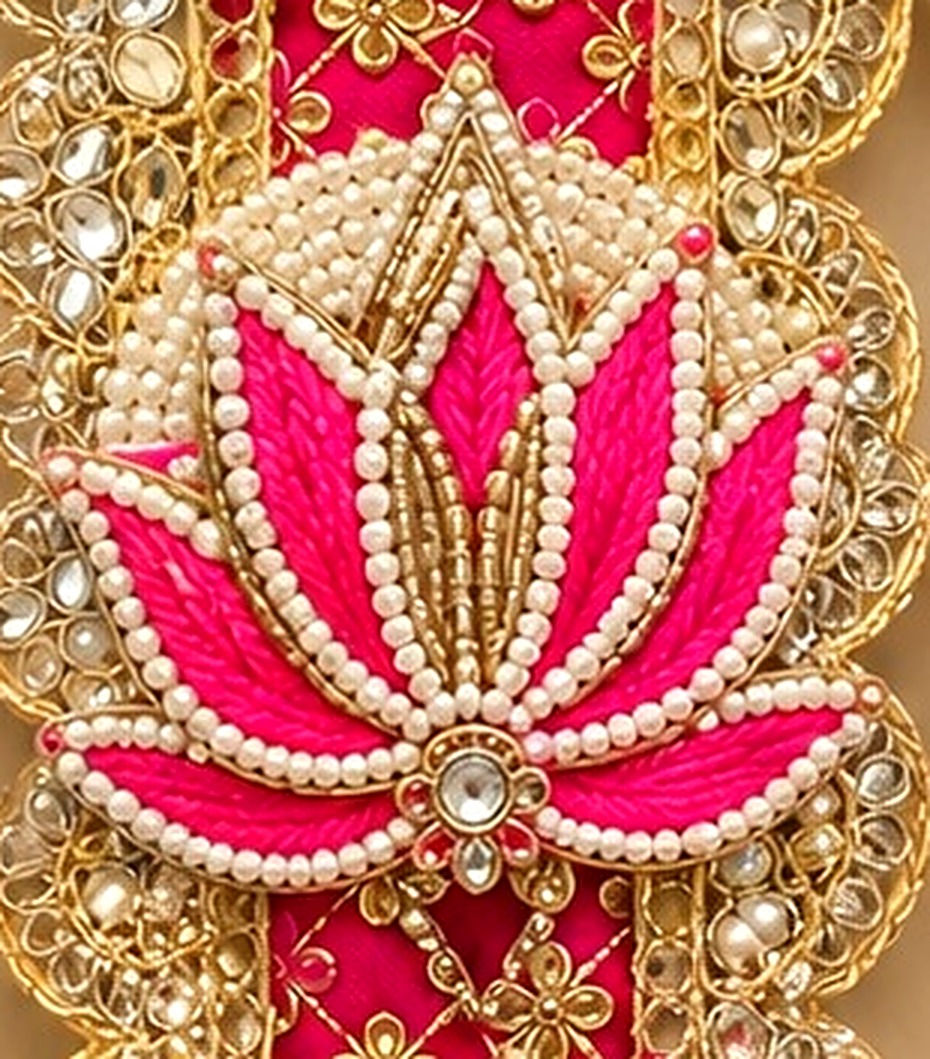 Thumbnail: Pink Gotta Patti Shubh Labh Door Hanging with Lotus and Pearl Tassels