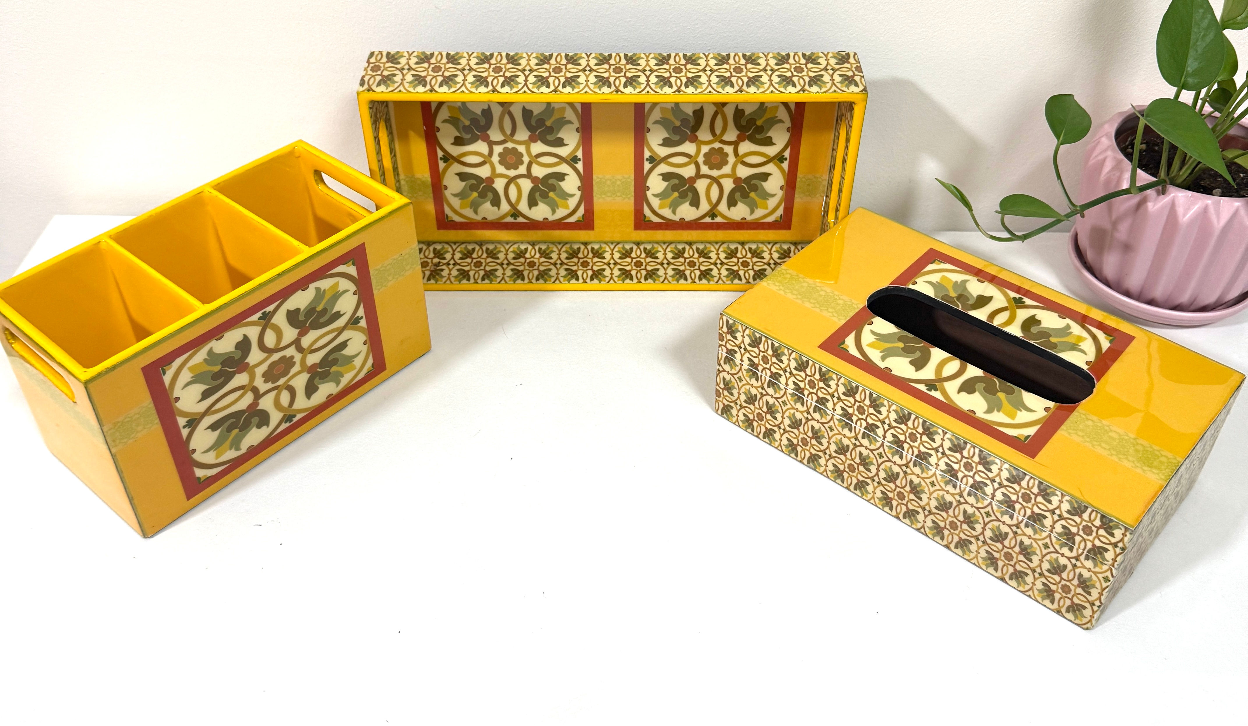 Tableware set -Tray | Tissue Box | Cutlery Holder |Meenakari Print
