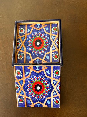 Wooden Coaster with holder | Blue Geometric Print | 6 pc
