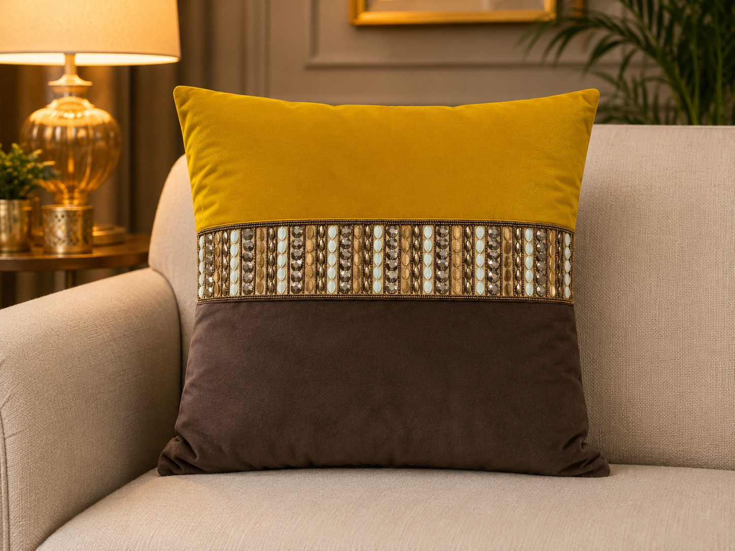 Golden Beads Embroidary Cushion Cover pair