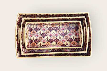 Ethnic Wooden Serving Tray with Handle Set |Mughal Flower Print