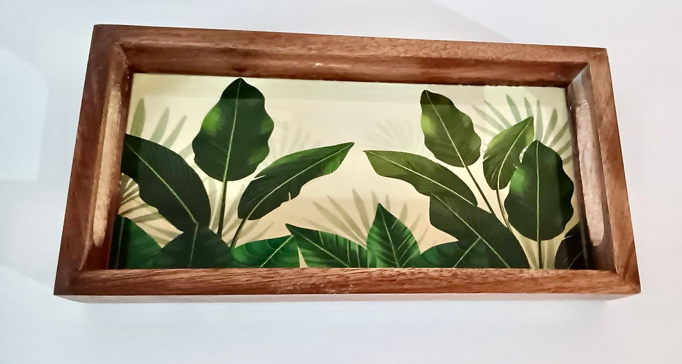 Thumbnail: Mango Wood Tray Set| Banana leaf print  | Set of 3 trays