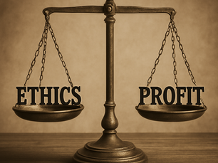 A sepia-toned photograph of an antique brass balance scale resting on a wooden surface. One pan is labeled "ETHICS" and the other "PROFIT," both perfectly balanced. The background features a warm, textured earth-toned wall, evoking a vintage and contemplative atmosphere.