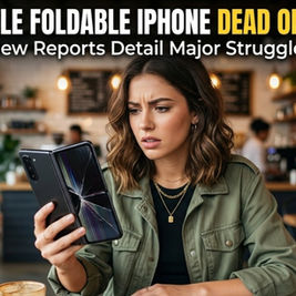 Woman in cafe looks at cracked foldable phone with concern. Text above reads "IS THE APPLE FOLDABLE iPHONE DEAD ON ARRIVAL?"