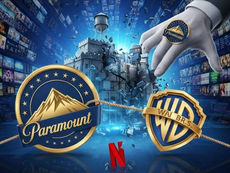 Paramount and Warner Bros. logos play tug-of-war, roped to a crumbling castle. Netflix symbol in foreground. Blue background with streaming images.