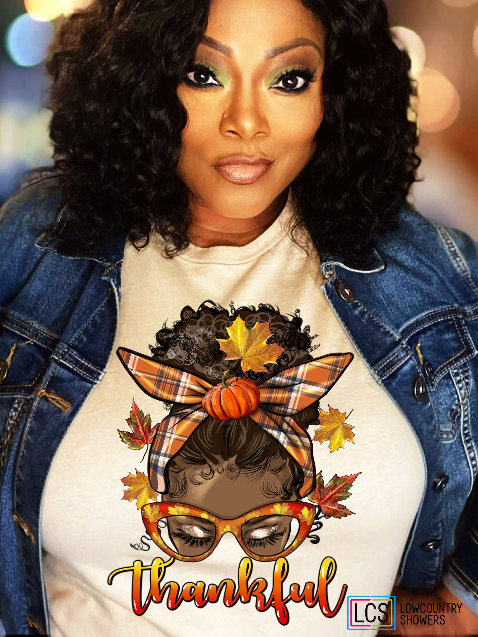 Cream Thankful T-Shirt featuring a Black woman with an afro puff hairstyle, plaid bow, pumpkin, fall leaves, and glasses