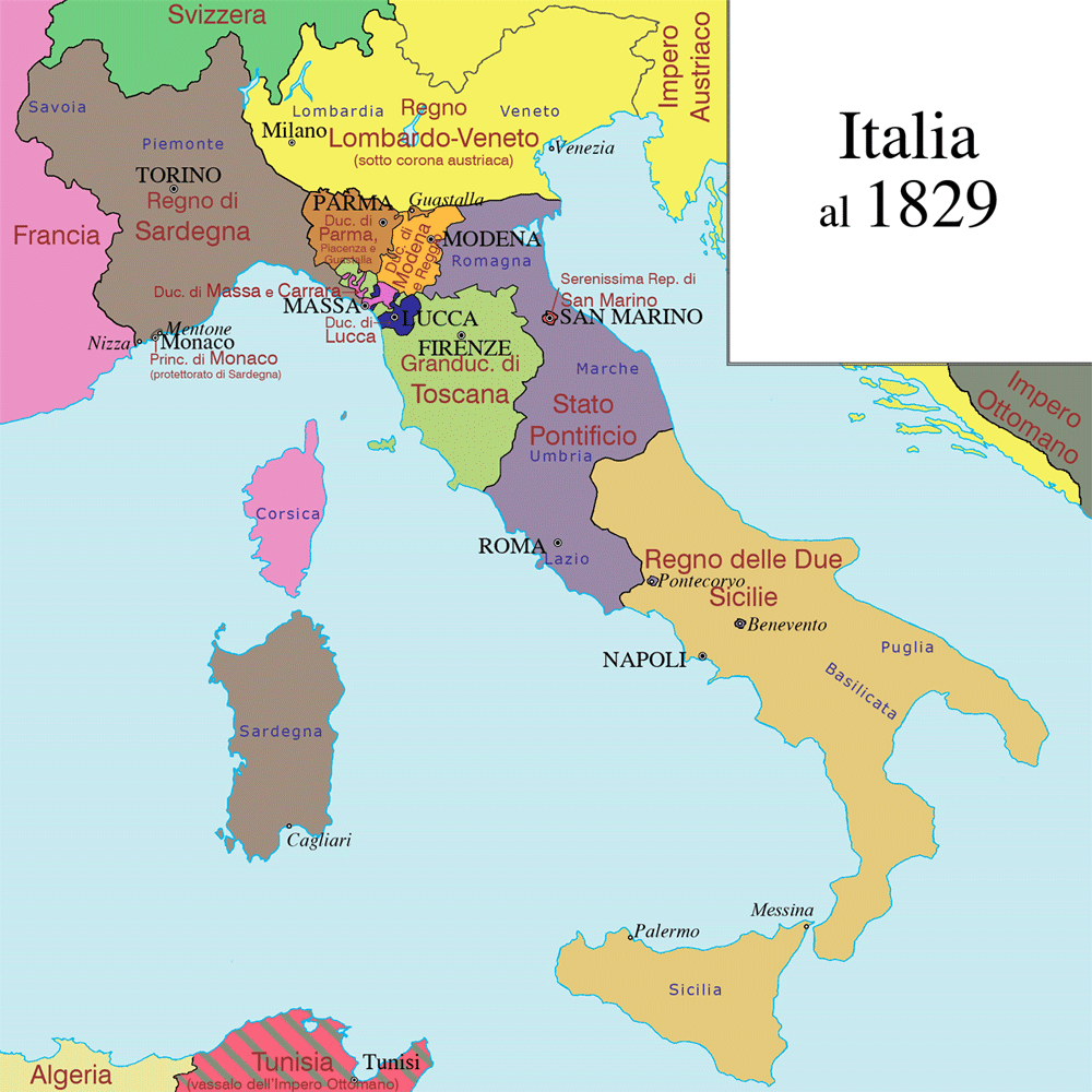 Animated map of the Italian unification from 1829 to 1871.
