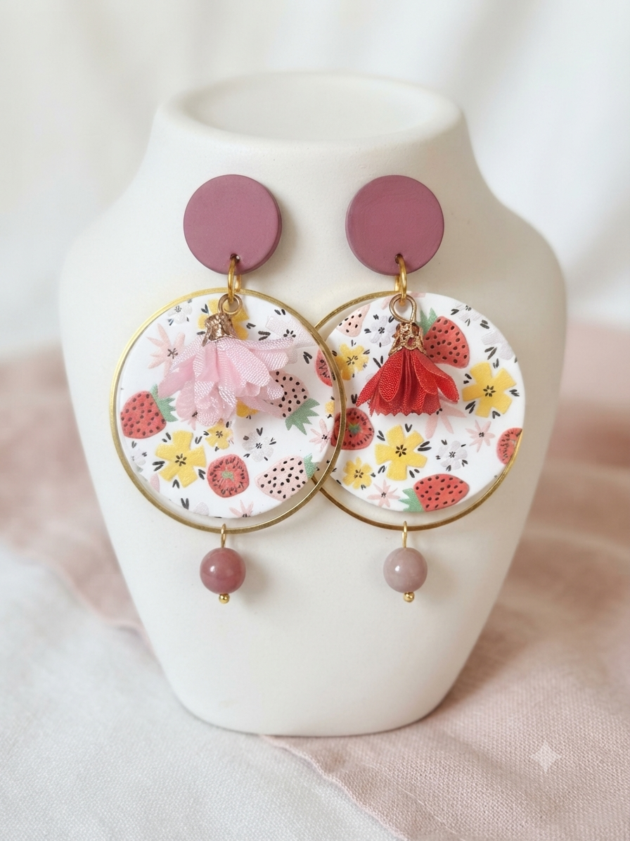 boucles d'oreilles fleurs et fraises