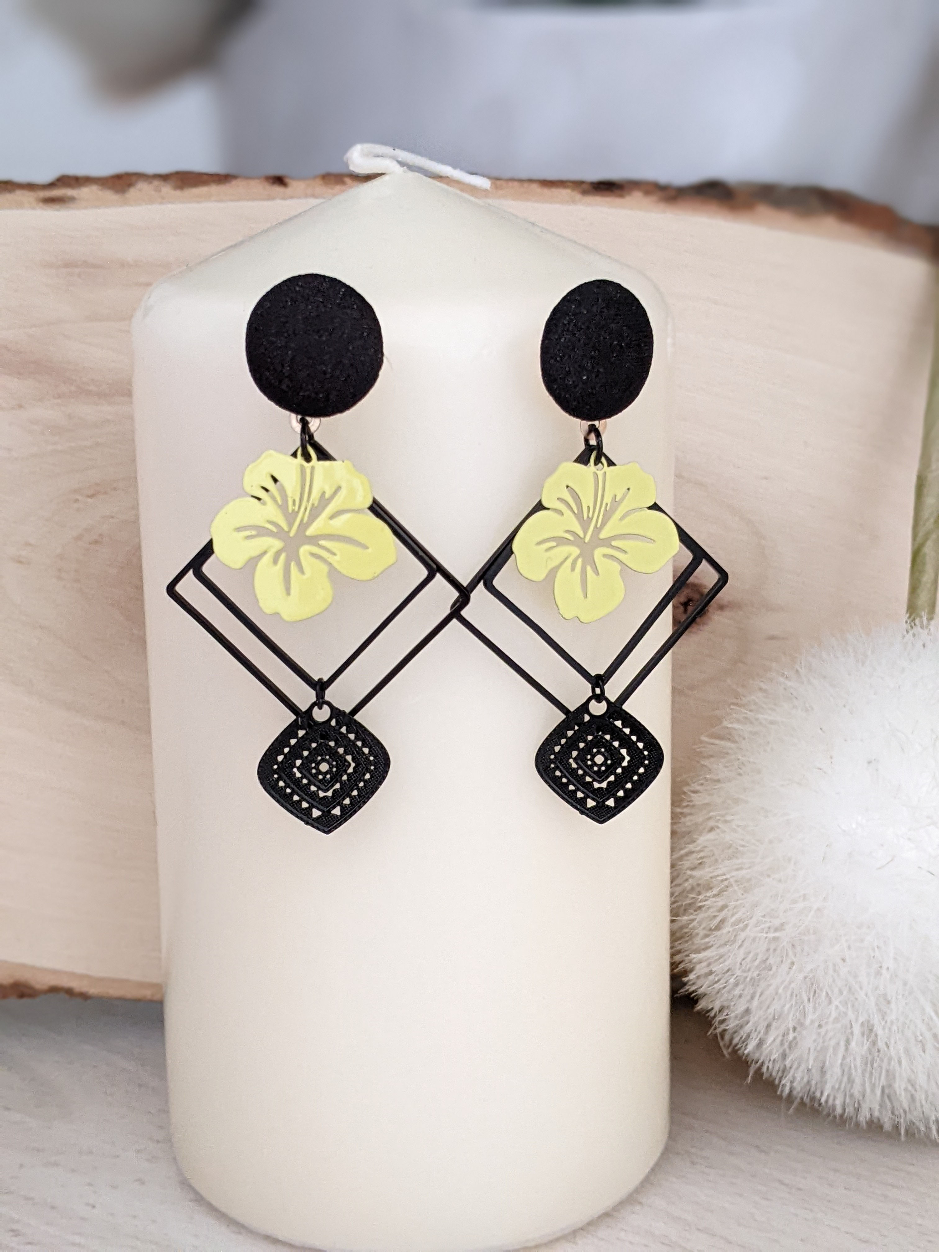boucles d'oreilles fantaisie fait main noires et jaunes