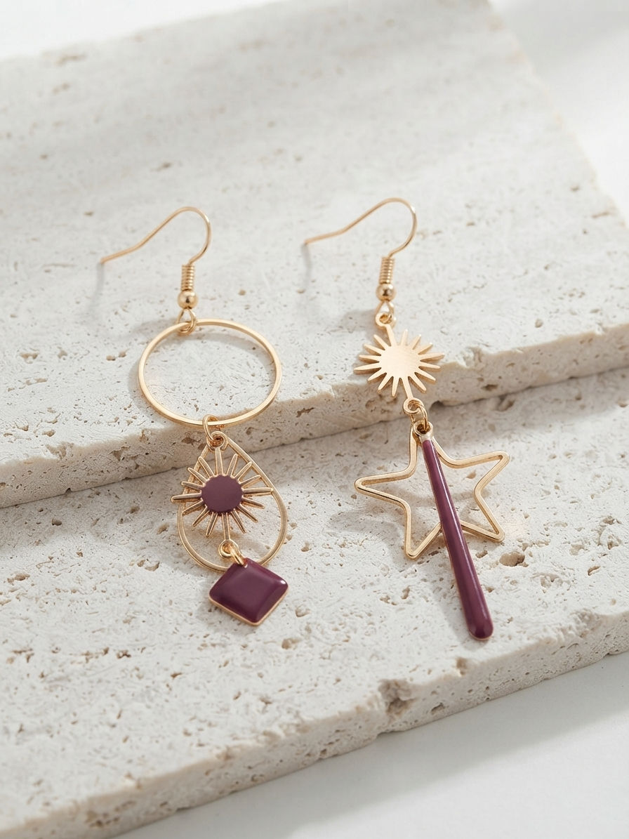 Miniature : Boucles d'oreilles Asymétriques "Éclat Céleste" - Doré et Prune