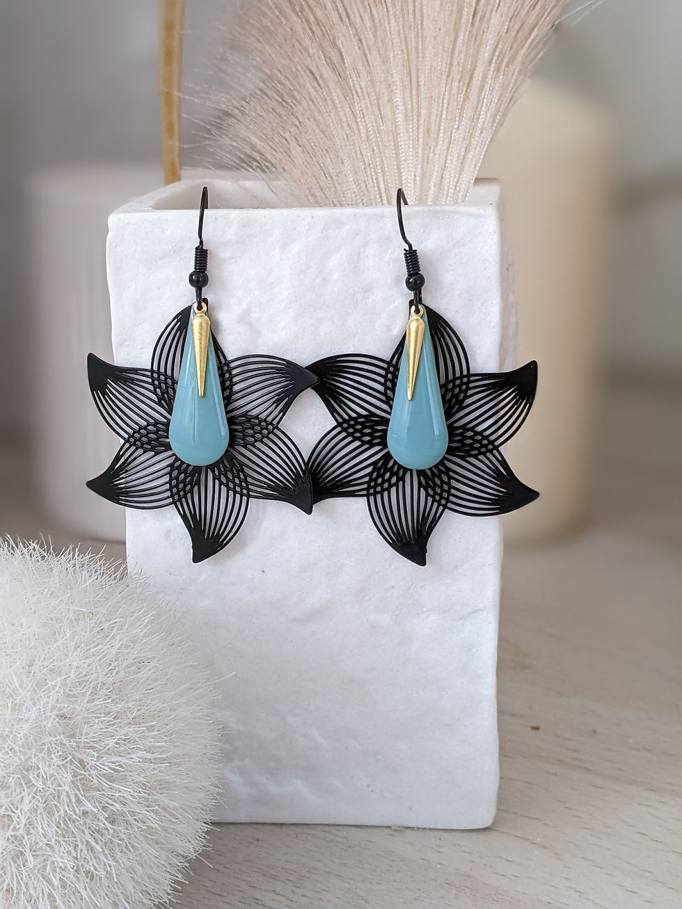 Miniature : boucles d'oreilles noires bleues vertes