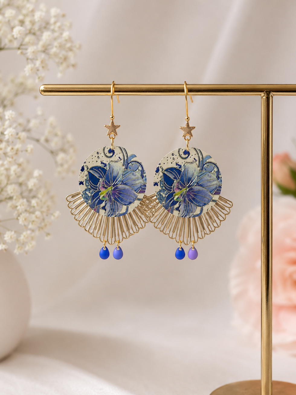 Miniature : boucles d'oreilles pendantes mauves et bleues