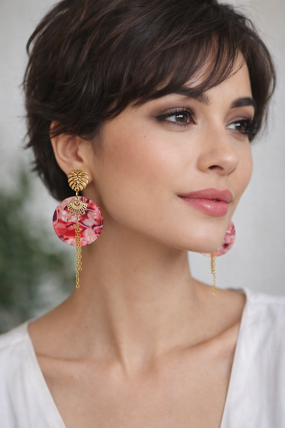 Miniature : boucles d'oreilles rondes résine rouges et roses
