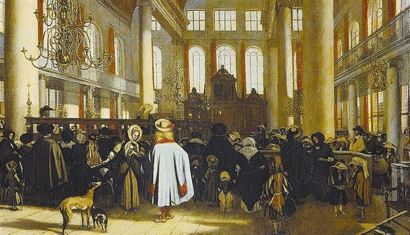 Descendentes de judeus que deixaram Portugal fundaram a Sinagoga de Amesterdão, aqui num quadro de Emanuel de Witte (1617-1692)