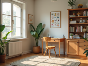 Eye-level view of a cozy homeschool learning nook with books and a small desk