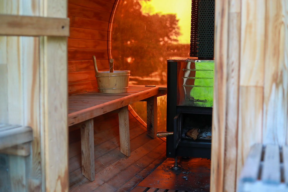 Interior of a red cedar wood burning barrel sauna at Ujima Retreat Center, Urbana, IL.