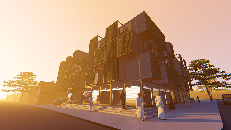 Side angle perspective of a stacked container housing complex with green screen, highlighting its mo