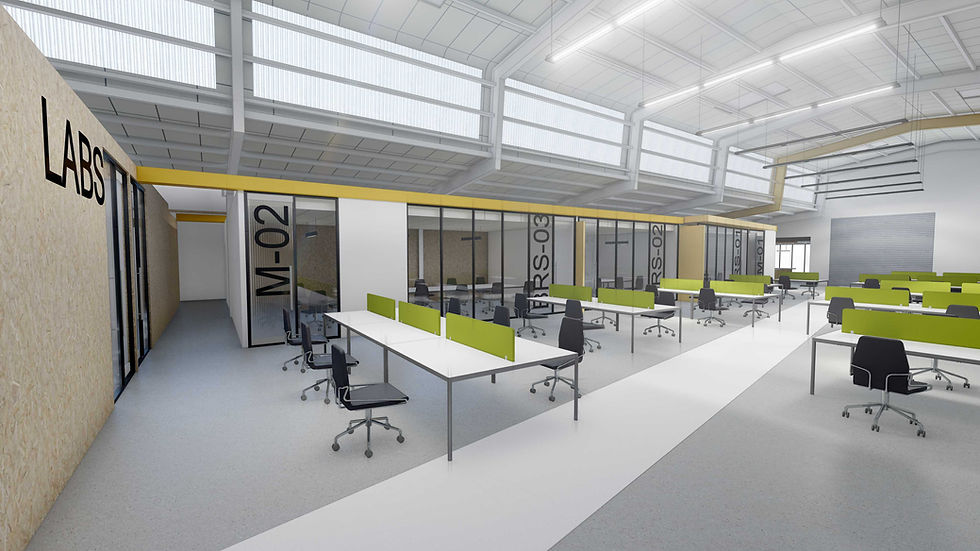 Open-plan office featuring architectural design fostering creativity and teamwork.