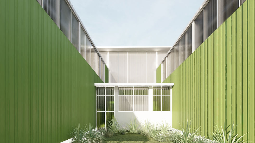 Exterior view of industrial-inspired architectural design