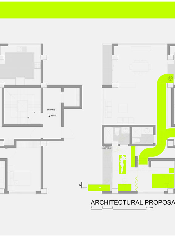 Detailed planning diagram for a modular housing project by A4AC Architects, outlining the layout and community integration. The diagram displays unit distribution, common areas, and accessibility features, emphasizing thoughtful urban development and resident interaction.