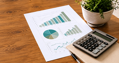 Calculator and financial reports representing bookkeeping services from Bookkeeping Kelowna