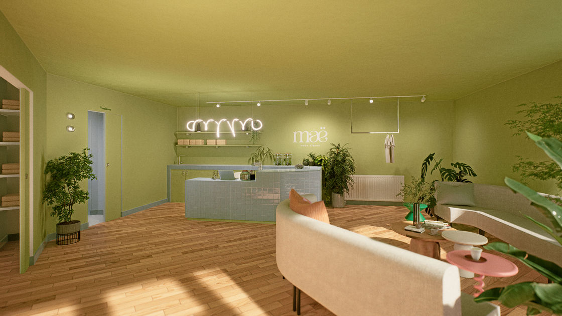 accueil salle de sport de yoga, maé a Dunkerque, comptoir bleu et bois, murs verts, suspension diy, 3D