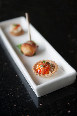 Bacon wrapped scallops, Torta Canapes, Mini Crab Cake
