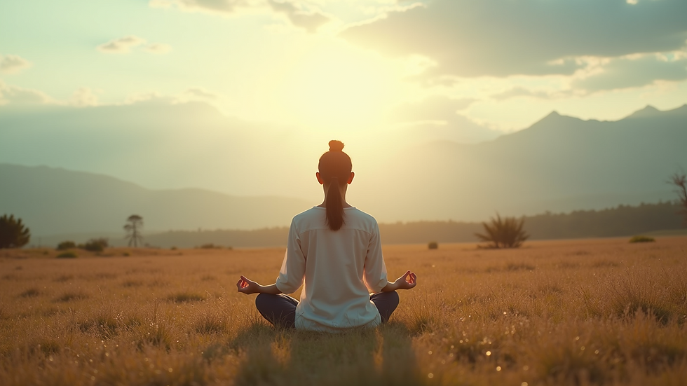 Eye-level view of a serene landscape with a person meditating