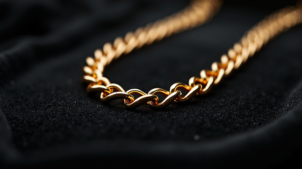 Close-up view of a bold gold chain necklace on a black velvet display