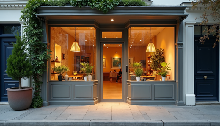 Eye-level view of a vibrant storefront with unique design elements