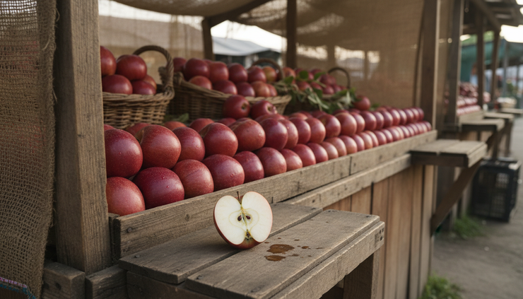 Eye-level view of a market stall with many identical apples and one sliced apple in front